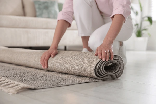 Customer folding freshly cleaned rug at home after professional Rug Cleaning Gold Coast service by Steam Boss.