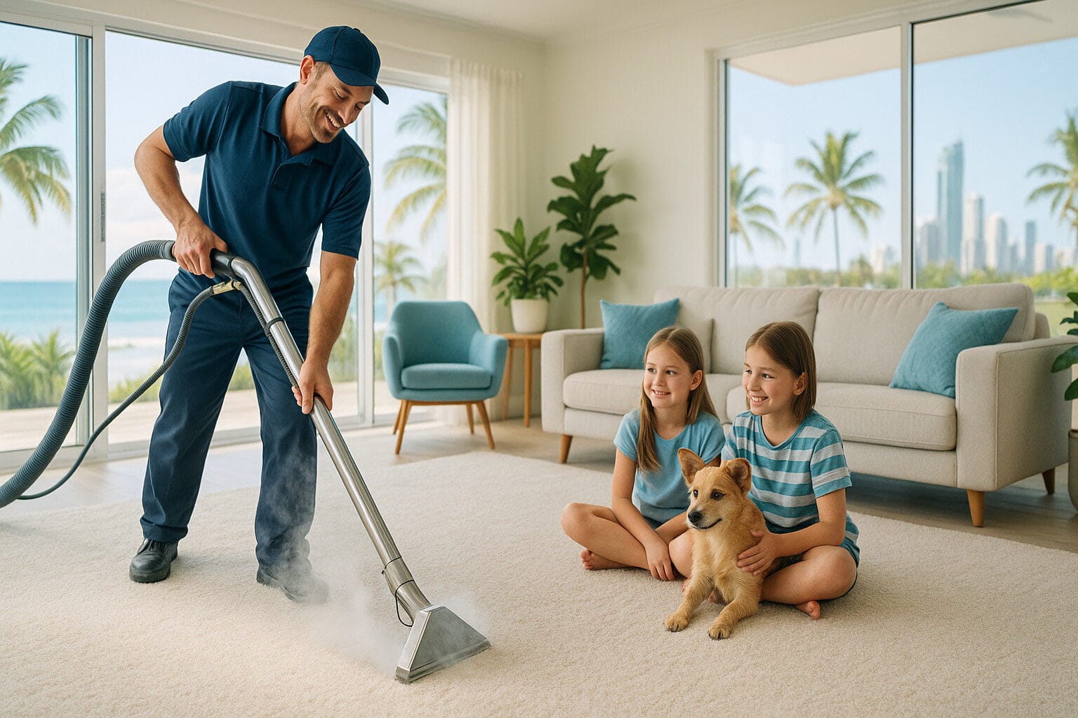 How Often Should You Get Your Carpets Professionally Cleaned? A Gold Coast Guide 1 Professional carpet steam cleaning in a Gold Coast home with family and pet